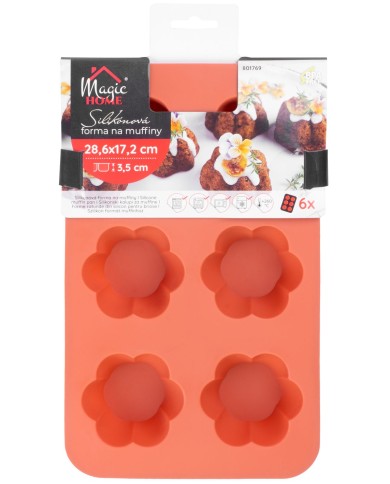 Forma MagicHome, na pečenie, na 6 muffinov, silikón, vzor kvet, červená, 28,6x17,2 cm