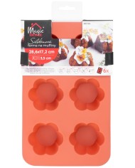 Forma MagicHome, na pečenie, na 6 muffinov, silikón, vzor kvet, červená, 28,6x17,2 cm
