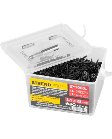 Sada vrutov Strend Pro, skrutky do sadrokartónu, 3,5x25 mm, s 2x bitmi a magnetickým držiakom, v dóze, bal. 1000 ks