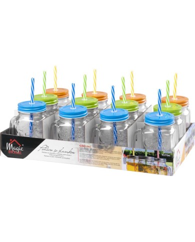 Pohár MagicHome, sklenený, so slamkou, s farebným viečkom, sklo, 480 ml