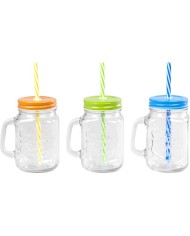 Pohár MagicHome, sklenený, so slamkou, s farebným viečkom, sklo, 480 ml