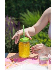 Pohár MagicHome, sklenený, so slamkou, s farebným viečkom, sklo, 480 ml