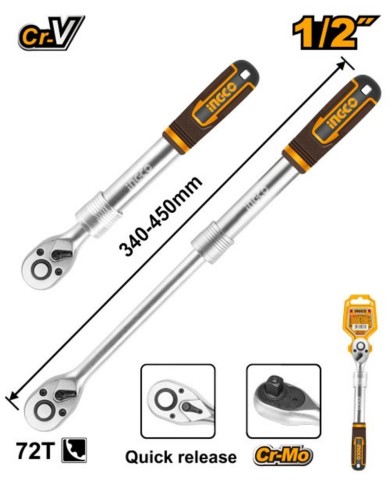 Račňa teleskopická 1/2" Cr-Vm 340-450mm, 72 zubov INGCO INDUSTRIAL