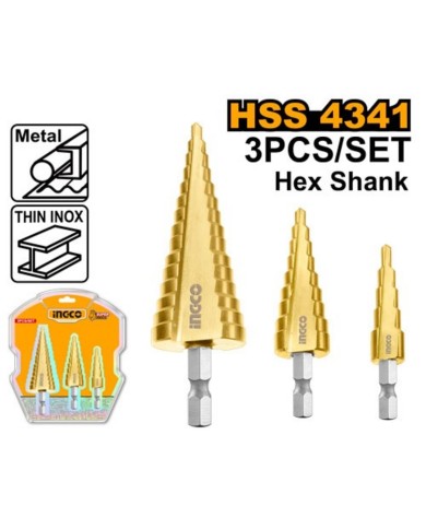 Vrták stupňovitý na kov s titanovým povrchom, sada 3 ks INGCO