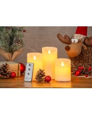 Sviečky MagicHome Vianoce, sada 3 ks, LED, 3xAAA, pravý vosk, jednoduché svietenie, časovač, pohyblivý plameň, 7,5x10 12,5 15 cm