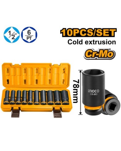 Gola sada orechy 1/2" pre rázové uťahováky, sada 10 dielna INGCO INDUSTRIAL