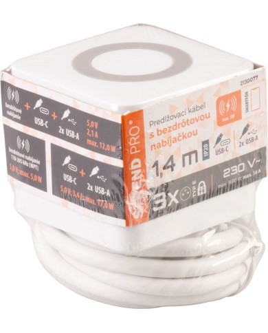 Kábel Strend Pro, predlžovací, tvar kocka, USB-C + A, bezdrôtové nabíjanie, 1,4 m, Wireless