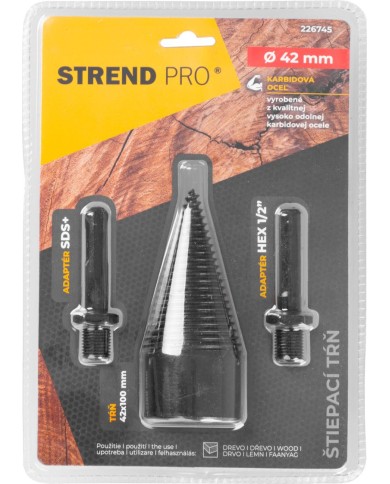 Tŕň Strend Pro, štiepací klin, kužeľ, 42 mm, adaptéry HEX 1/2" a SDS+, na drevo