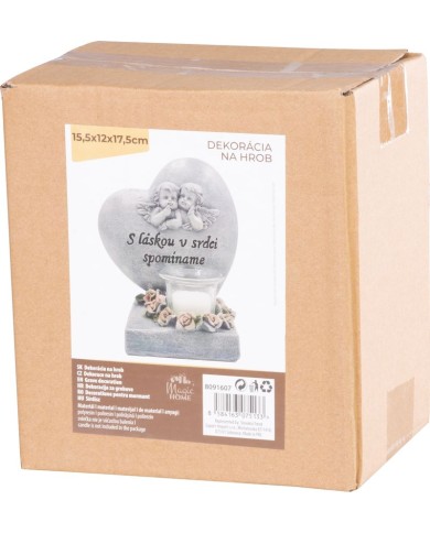 Dekorácia MagicHome, Srdce s anjelikmi, polyresin, na hrob, 15,5x12x17,5 cm