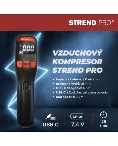 Kompresor Strend Pro K25, ručný, 150 psi, 10 bar, LED svetlo, akumulátorová pumpička
