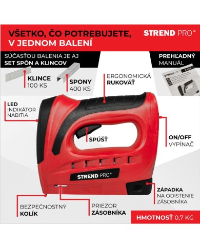 Sponkovačka Strend Pro J-126, 3,6 V, Li-ion, spony 6-10 mm, klince 10 mm