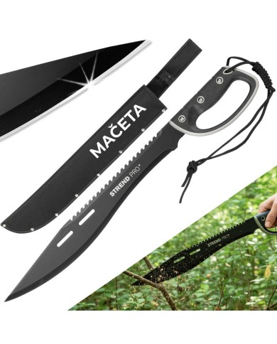 Mačeta Strend Pro Tactical, s puzdrom, s pílkou, s ochranou ruky, čierna, 61 cm