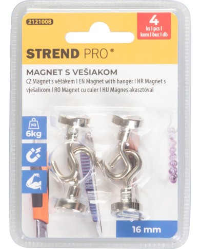 Magnet Strend Pro, extra silný, s vešiakom, 16 mm, max.6 kg, bal. 4 ks