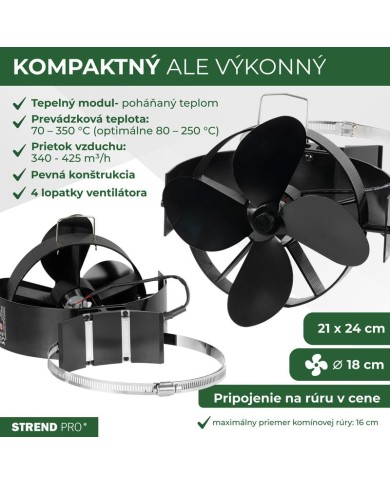 Ventilátor Strend Pro, krbový, s úchytom na dymovod a magnetom, poháňaný teplom, 4-lopatkový, čierny