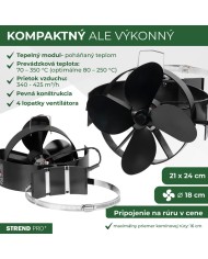 Ventilátor Strend Pro, krbový, s úchytom na dymovod a magnetom, poháňaný teplom, 4-lopatkový, čierny