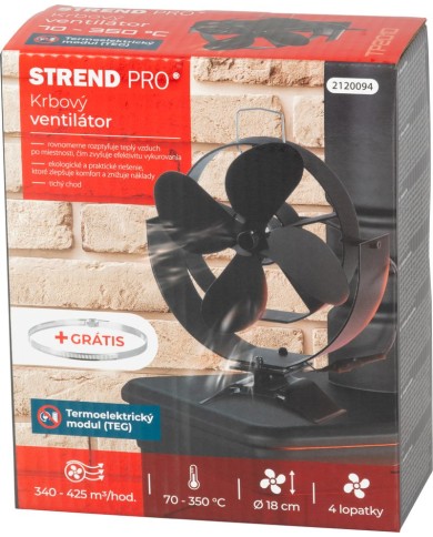 Ventilátor Strend Pro, krbový, s úchytom na dymovod a magnetom, poháňaný teplom, 4-lopatkový, čierny