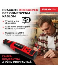 Brúska Strend Pro, mini, priama, vŕtanie a brúsenie, 8 V, 1500 mAh, s príslušenstvom