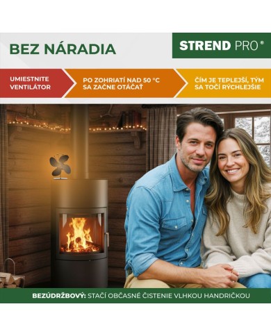 Ventilátor Strend Pro, krbový, stojanový, poháňaný teplom, 4-lopatkový, čierny