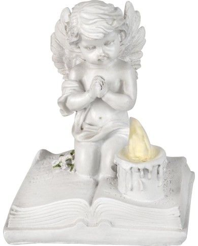 Dekorácia MagicHome, Modliaci anjelik na knihe, LED, polyresin, na hrob, 11,5x7,5x13,5 cm