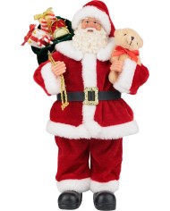 Dekorácia MagicHome Vianoce, Santa s darčekmi a medvedíkom, červený, 30 cm