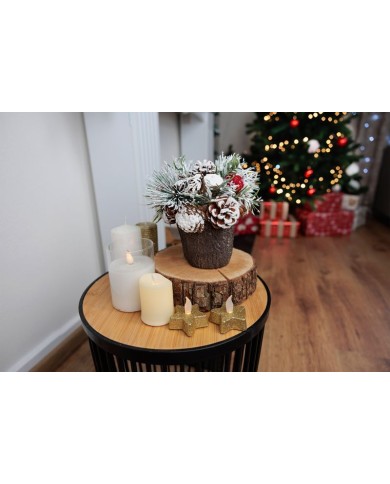 Ikebana MagicHome Vianoce, so zasneženou čečinou, imitácia dreva 18 cm