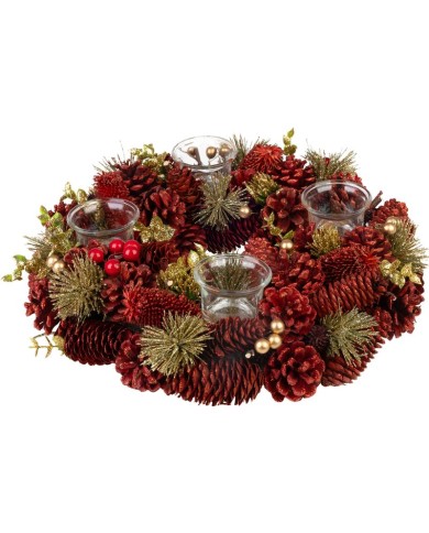 Veniec MagicHome Vianoce, prírodný, červený, adventný, 37x9 cm