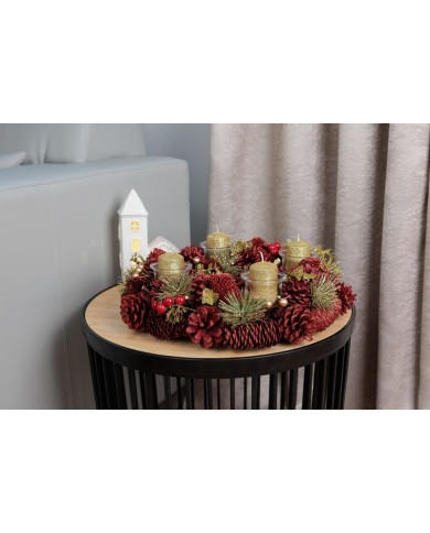 Veniec MagicHome Vianoce, prírodný, červený, adventný, 37x9 cm