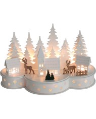 Dekorácia MagicHome Vianoce, Dedinka s jeleňmi, 10 LED teplá biela, 2xAA, MDF, 30x14x19,5 cm