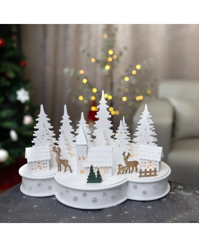 Dekorácia MagicHome Vianoce, Dedinka s jeleňmi, 10 LED teplá biela, 2xAA, MDF, 30x14x19,5 cm