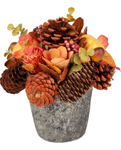 Ikebana MagicHome Nature, jesenná, oranžová, s lístím, 18 cm