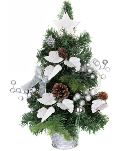 Stromček MagicHome Vianoce, ozdobený, strieborný, s listami, 40 cm