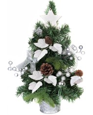 Stromček MagicHome Vianoce, ozdobený, strieborný, s listami, 40 cm