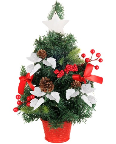 Stromček MagicHome Vianoce, ozdobený, červený, s listami, 40 cm