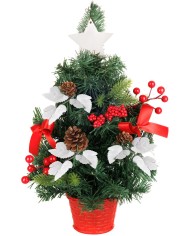 Stromček MagicHome Vianoce, ozdobený, červený, s listami, 40 cm