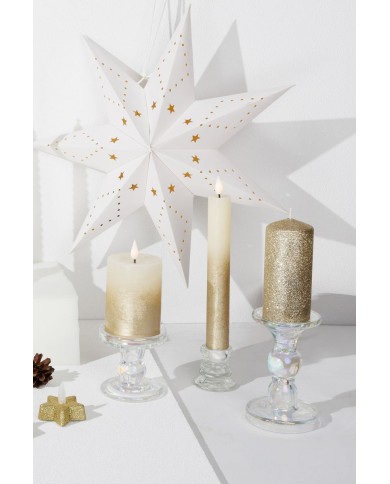 Sviečka MagicHome Vianoce, LED, 2xAAA, jednoduché svietenie, časovač, krémová/zlatá, metalický efekt, 3x25 cm