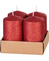 Sviečka MagicHome Vianoce, 4,8x8 cm, valcová, bal. 4 ks, červená, s glitrami, adventná