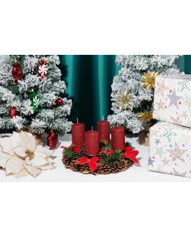 Sviečka MagicHome Vianoce, 4,8x8 cm, valcová, bal. 4 ks, červená, s glitrami, adventná