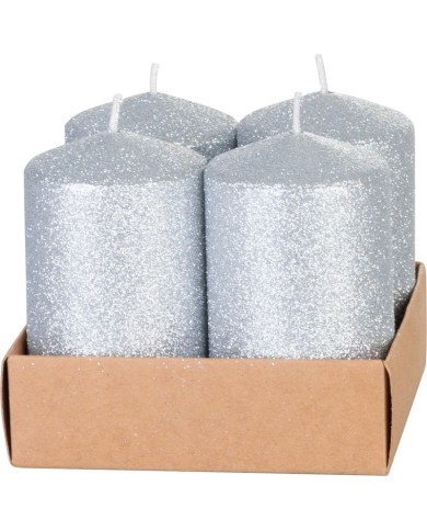 Sviečka MagicHome Vianoce, 4,8x8 cm, valcová, bal. 4 ks, strieborná, s glitrami, adventná