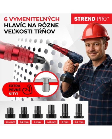 Nadstavec na vŕtačku Strend Pro Premium, 1/4", 2,4 - 6,4 mm nitovací, pre trhacie nity, v kufri