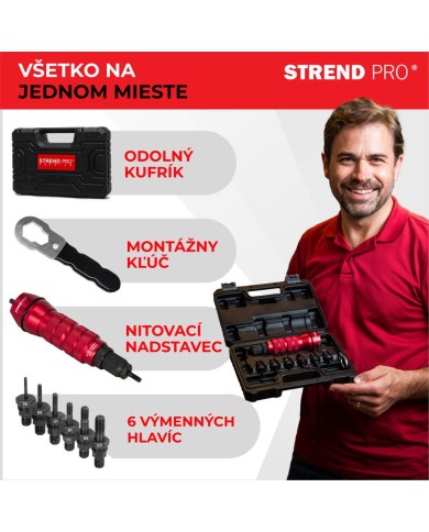Nadstavec na vŕtačku Strend Pro Premium, 1/4", M3 - M10, nitovací, pre maticové nity, v kufri