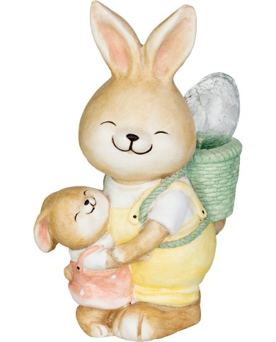 Dekorácia MagicHome, Zajačik s mláďatkom a vajíčkom, keramika, 17,8x25,5x39 cm