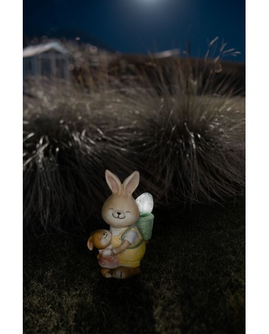 Dekorácia MagicHome, Zajačik s mláďatkom a vajíčkom, keramika, 17,8x25,5x39 cm