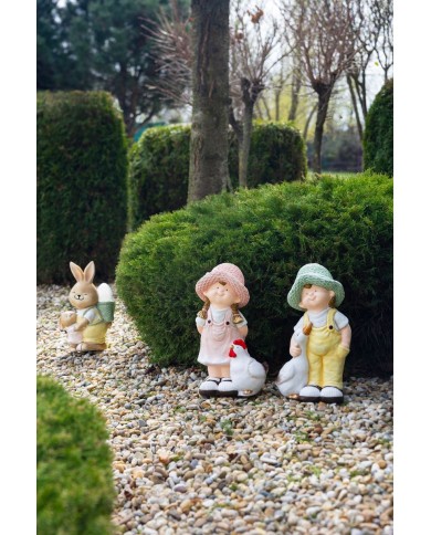 Dekorácia MagicHome, Zajačik s mláďatkom a vajíčkom, keramika, 17,8x25,5x39 cm