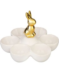 Dekorácia MagicHome, Zajačik s miskami na vajíčka, biela, keramika, 15x15x11,7 cm