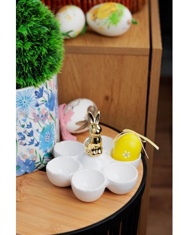 Dekorácia MagicHome, Zajačik s miskami na vajíčka, biela, keramika, 15x15x11,7 cm