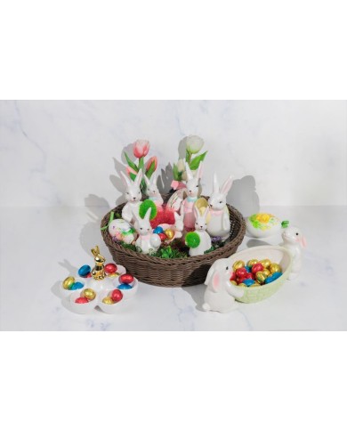 Dekorácia MagicHome, Zajačik s miskami na vajíčka, biela, keramika, 15x15x11,7 cm