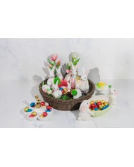 Dekorácia MagicHome, Zajačik s miskami na vajíčka, biela, keramika, 15x15x11,7 cm