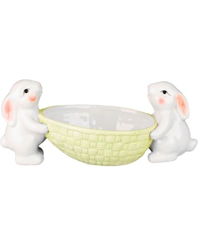 Dekorácia MagicHome, Zajačiky s miskou na vajíčka, biela, 12x26,5x11 cm