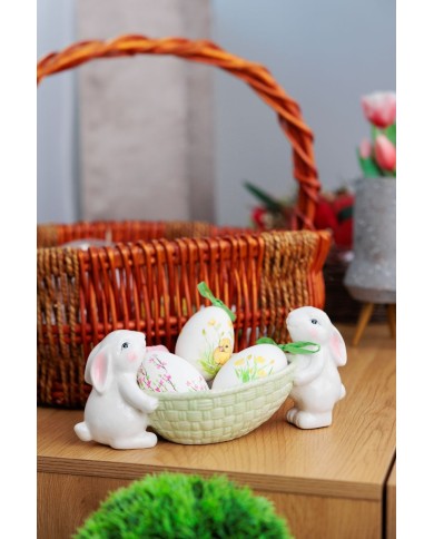 Dekorácia MagicHome, Zajačiky s miskou na vajíčka, biela, 12x26,5x11 cm