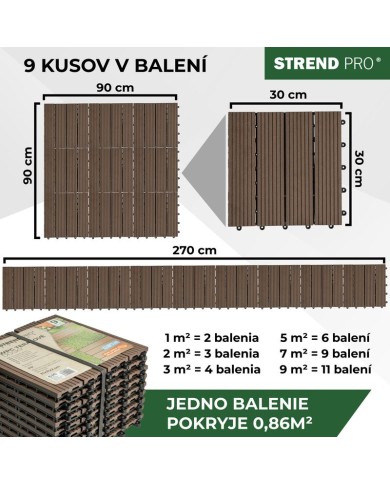 Sada terasových dosiek s WPC efektom dreva, palubovka, PP, 31x31x2, plast, farba hnedá a sivá, bal. 9ks